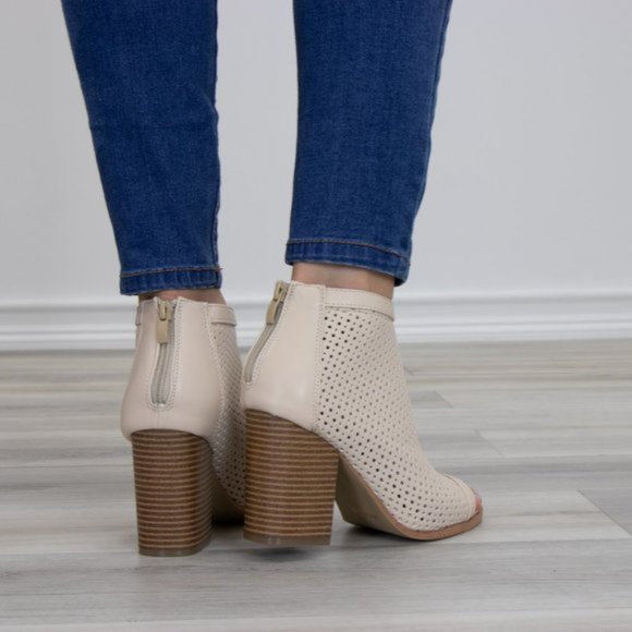 Off White Perforated Heeled Open Toe Ankle Boots - Picture 8 of 9